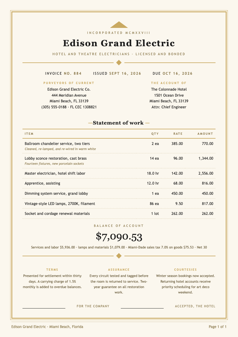 Art deco electrical invoice